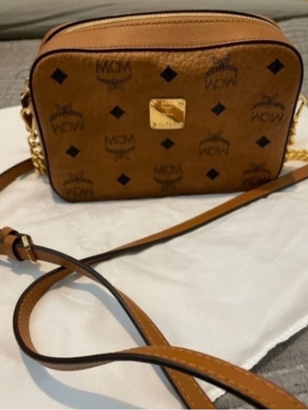 MCM Visetos Cognac Logo Crossbody with Gold Chain - Picture 5 of 6